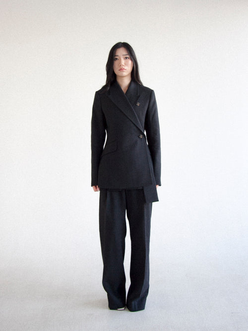 블랙 와이드 레그 플리츠 팬츠